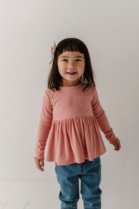 Bamboo/Cotton Ribbed Peplum Shirt - Mellow Rose