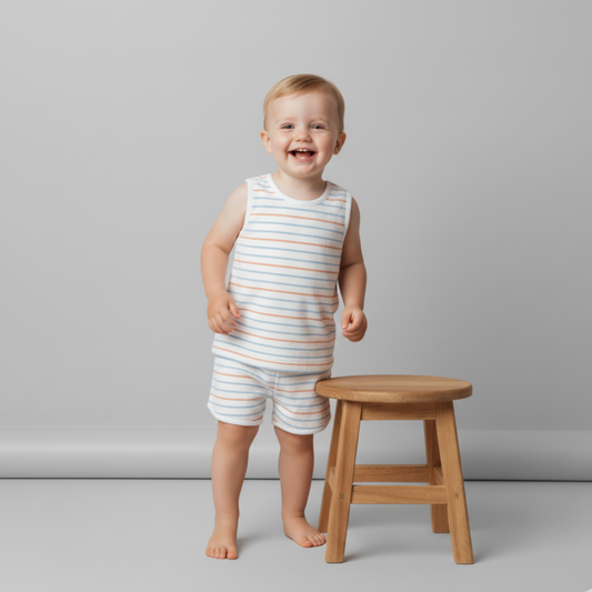 Organic Cotton Terry Sleeveless Tee & Shorts Set - Cabana Stripes