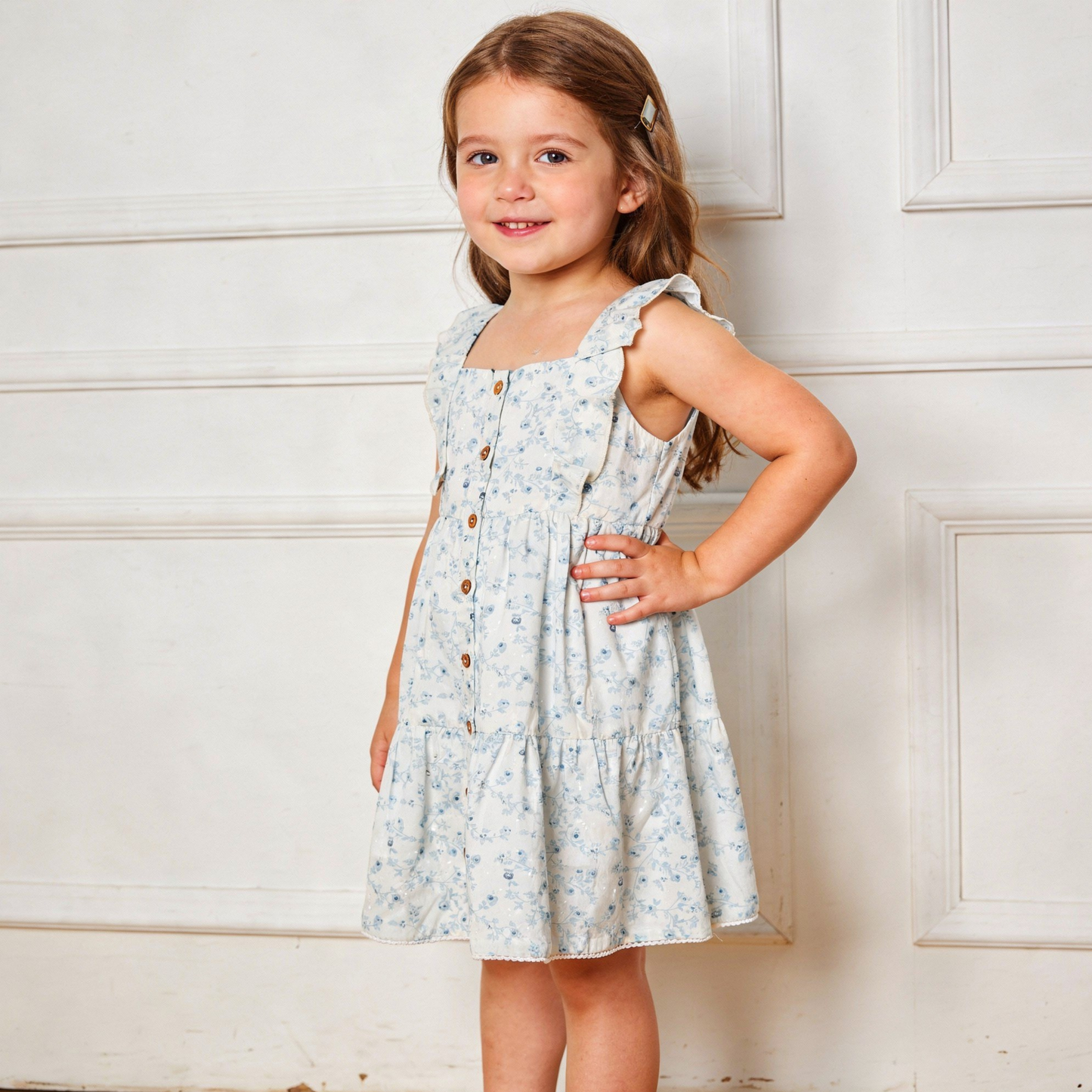 Organic Cotton Flutter Buttoned Tiered Dress - Ivy Floral