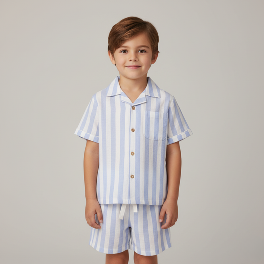 Organic Cotton Linen Shirt & Shorts Set - Blue Stripes