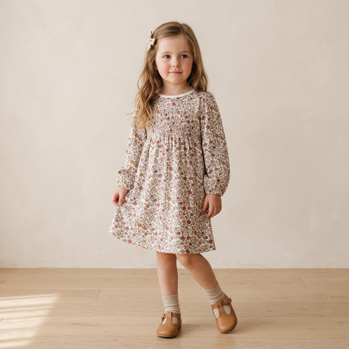 Organic Smocked Long Sleeve Dress - Woodland Sprig