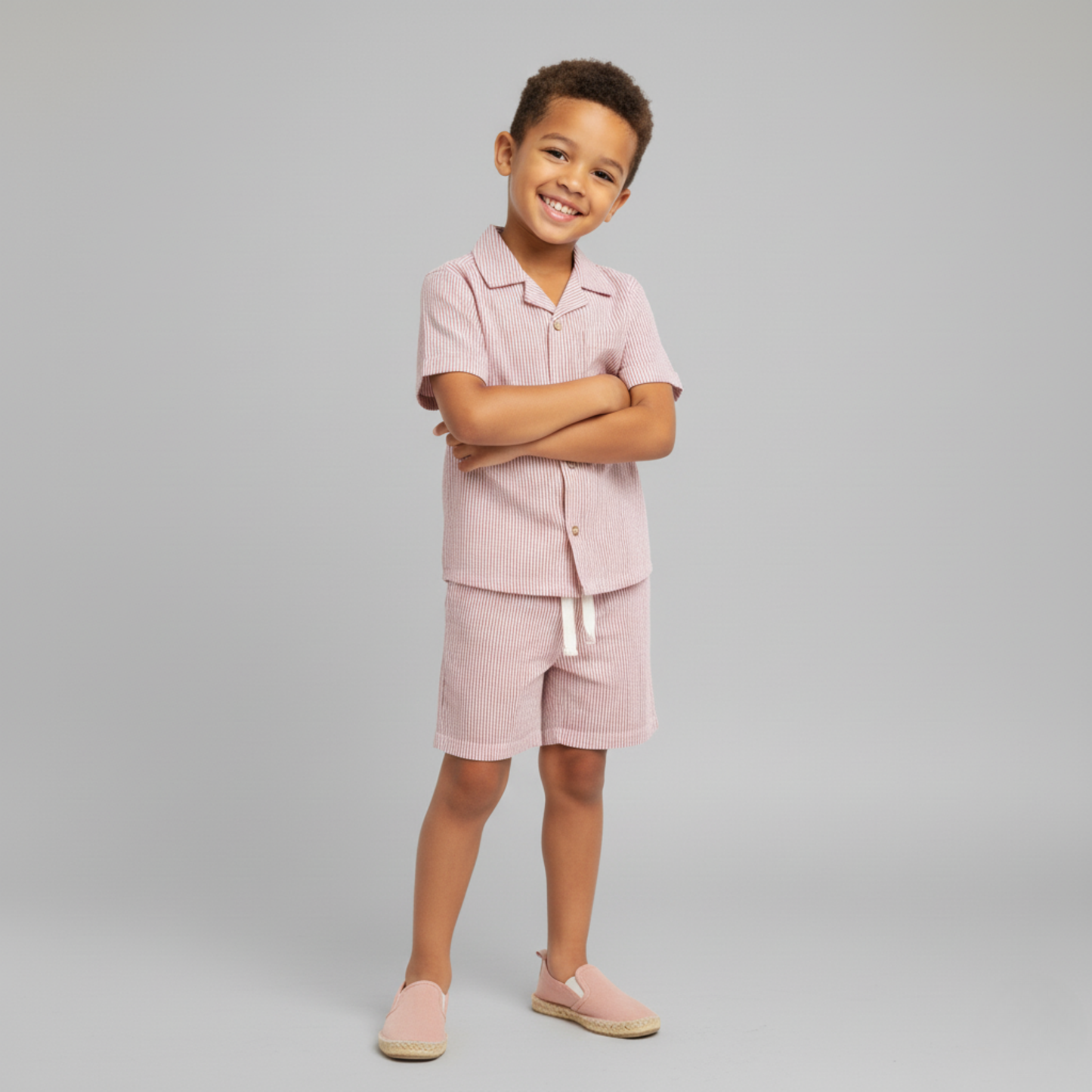 Organic Cotton Seersucker Shirt & Shorts Set - Coral Stripes