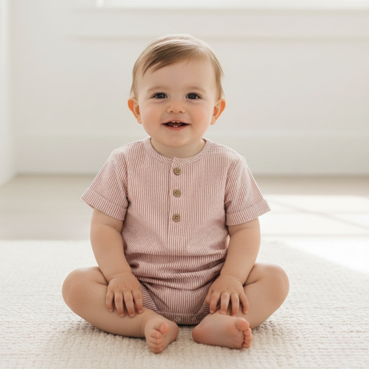 Organic Cotton Seersucker Bubble Romper - Coral Stripes