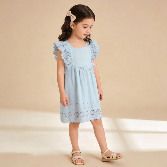 Organic Cotton Eyelet Flutter Dress - Light Blue