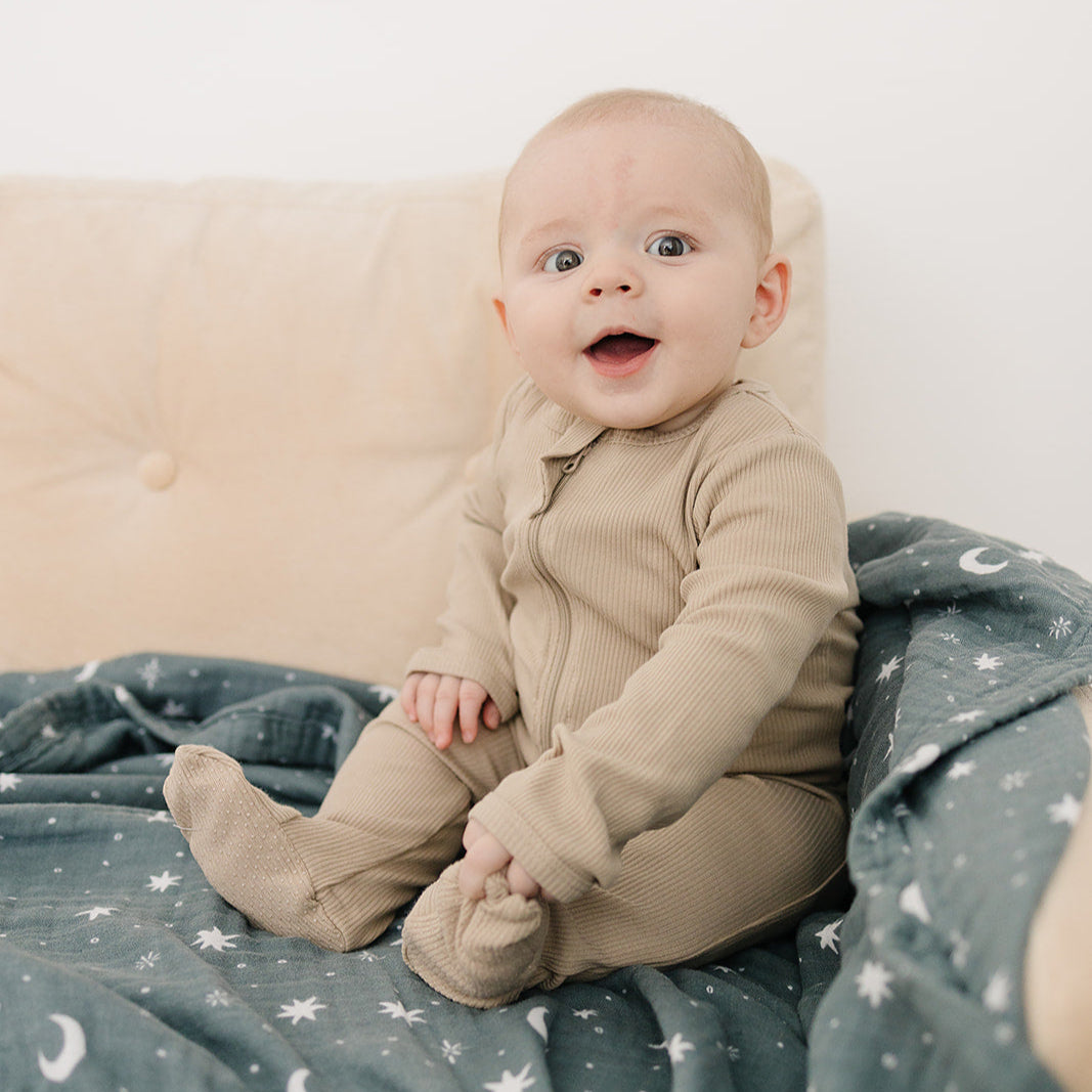 Mebie Baby Ribbed zipper footed pajamas- oatmeal