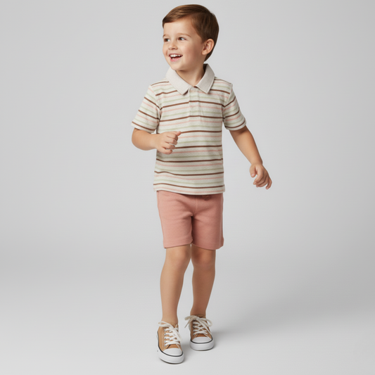 Organic Cotton Collar Tee & Shorts Set - Terra Stripes