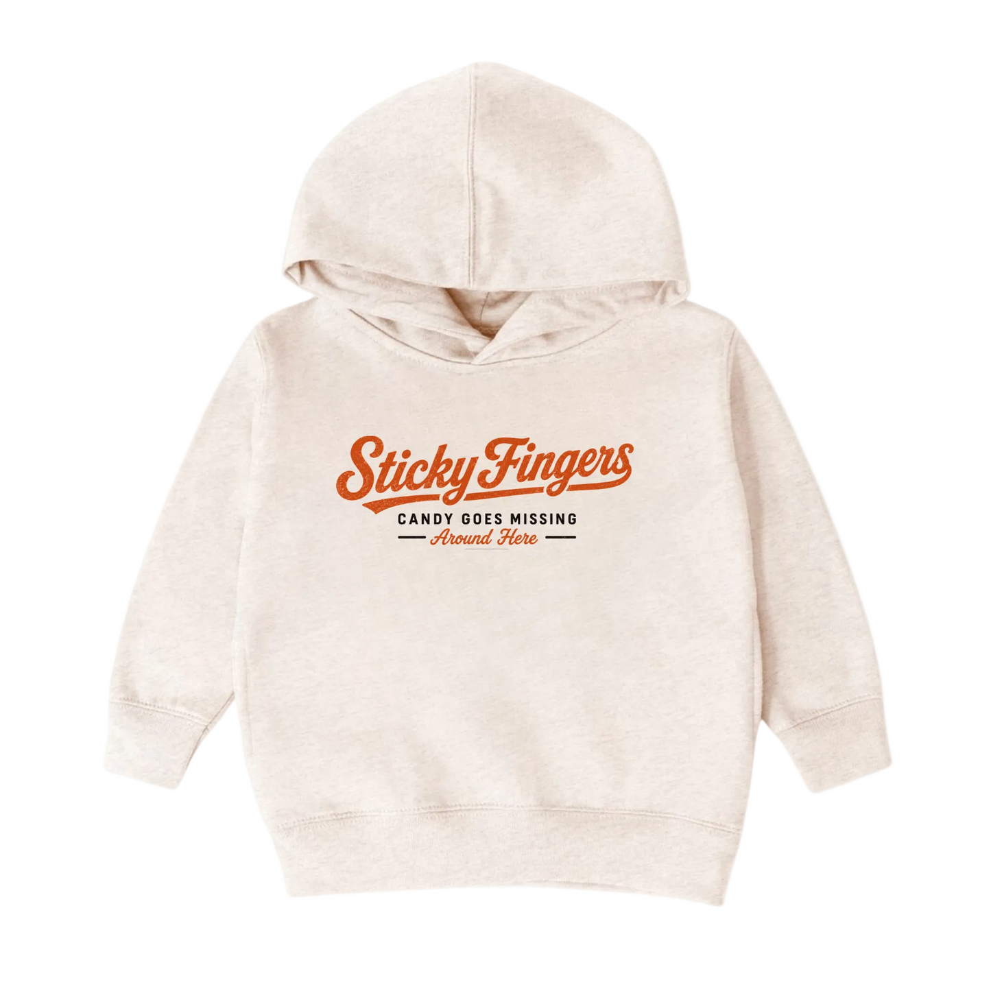 A toddler's cream-colored heathered hoodie sweatshirt featuring a retro orange graphic on the chest that reads 'Sticky Fingers' with 'CANDY GOES MISSING' and 'Awards Area' underneath, displayed on a light gray gradient background.