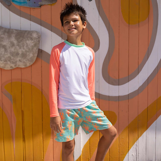 Snapper Rock Sustainable Boys' Long Sleeved Rash Guard- White Coral
