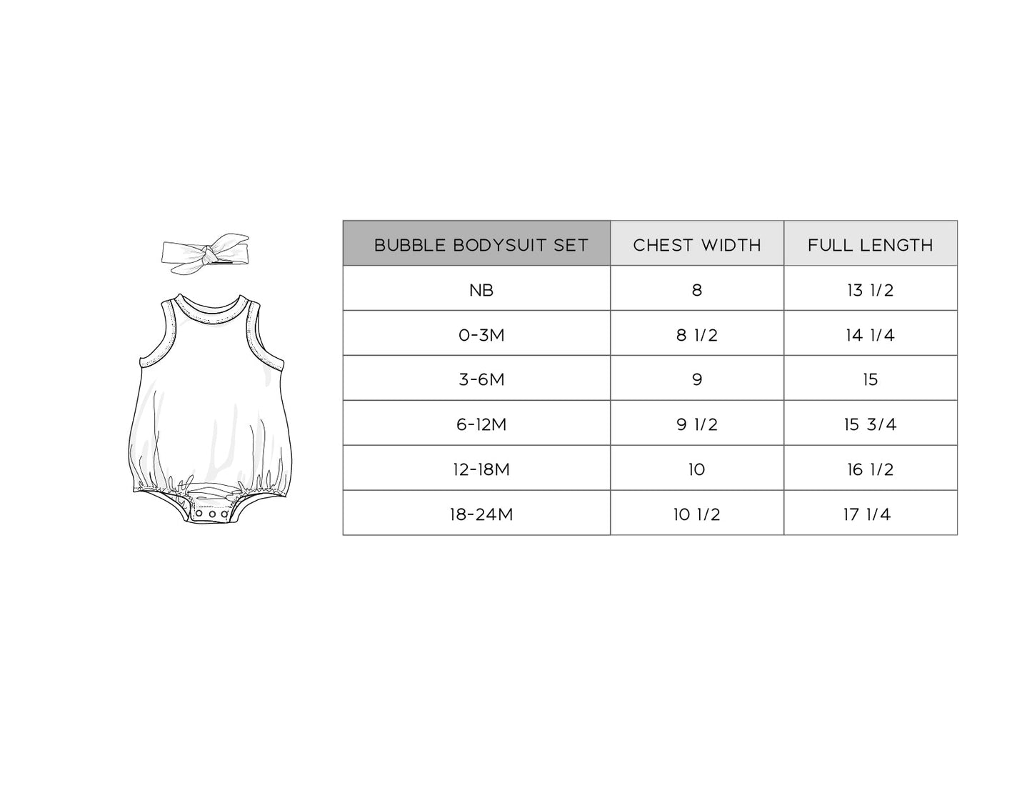 Baby bubble romper with size chart on a white background