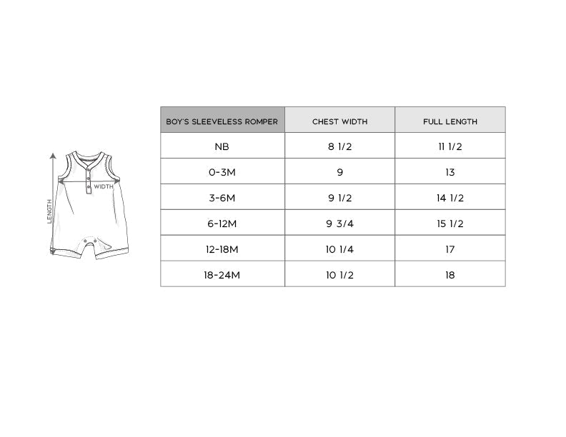 Size chart for boys' sleeveless romper with measurements in inches.