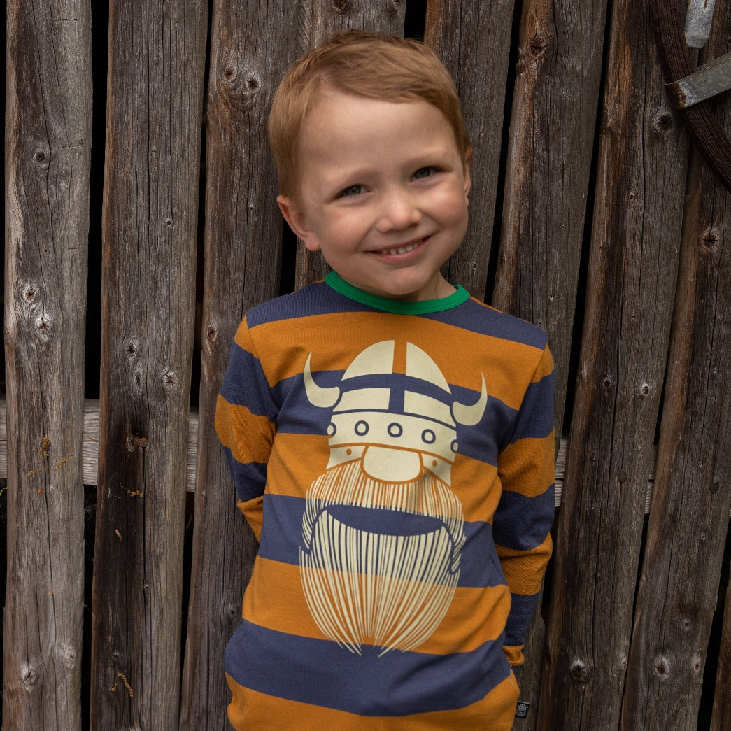 Boy wearing Danefae Ringer tee- marine/golden honey Erik