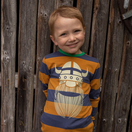 Boy wearing Danefae Ringer tee- marine/golden honey Erik