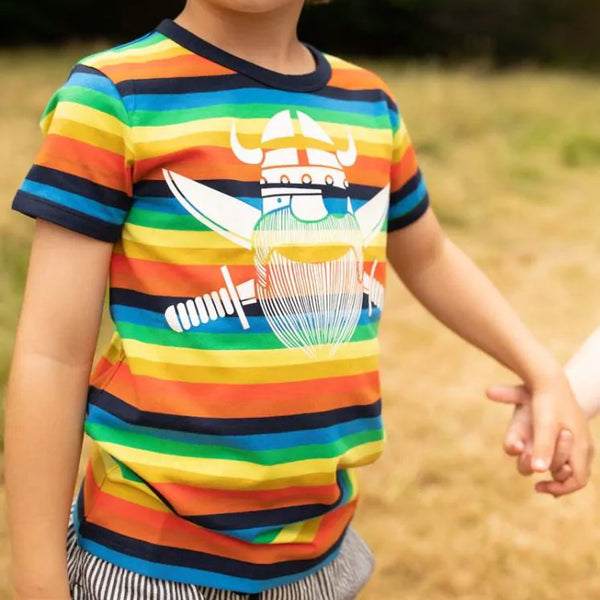 Boy wearing Danefae organic Short sleeve tee- rainbow pirate