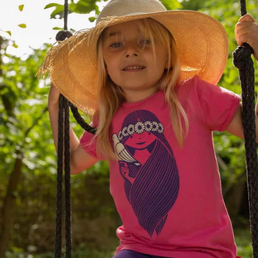 Girl wearing Danefae organic Short sleeve tee- super pink li'l miss lover