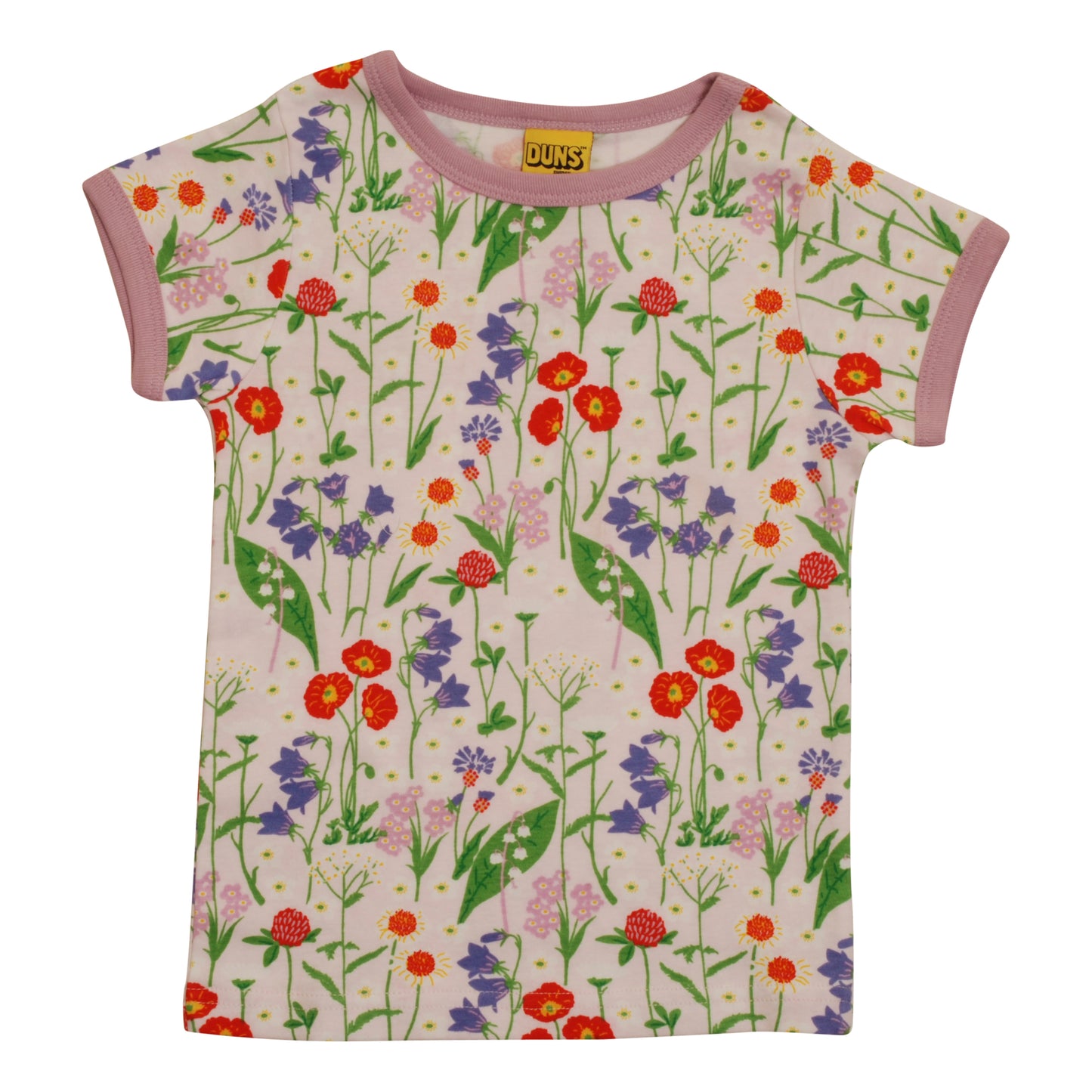 DUNS Sweden Organic Girls' Short Sleeve Top- Summer Flower, Pink