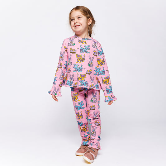 Girl wearing Småfolk Organic Girls' Leggings- Robot Pets, Pink Lilac