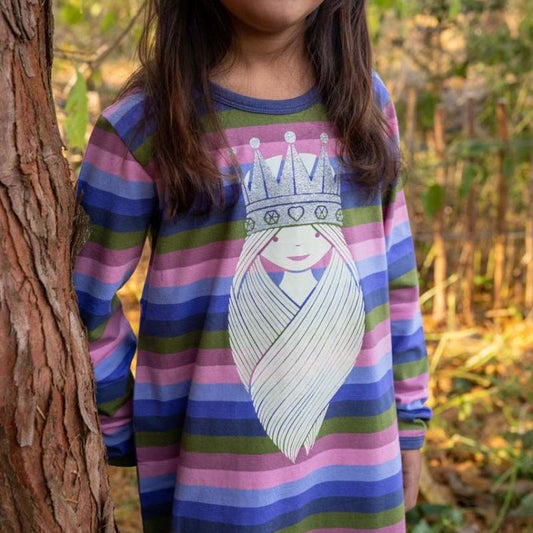 Girl wearing Danefae Long sleeve dress- striped princess