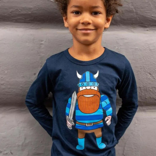 Boy wearing Danefae Long sleeve tee- navy Erik
