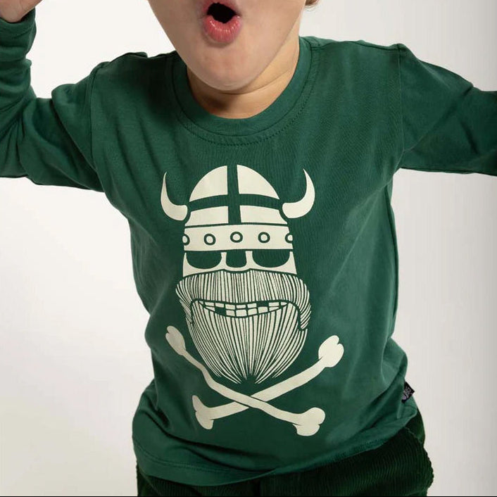 Boy wearing Danefae Long sleeved tee- dark pine Ghost of Erik