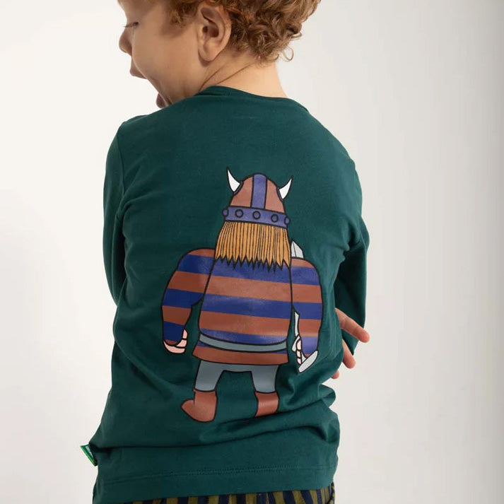 Boy wearing Danefae Basic tee- dark slate green Erik, back