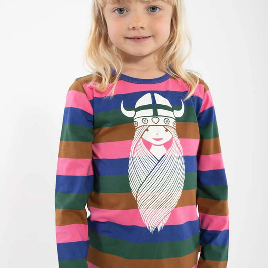 Girl wearing Danefae Long sleeved tee- multi-stripe Freja