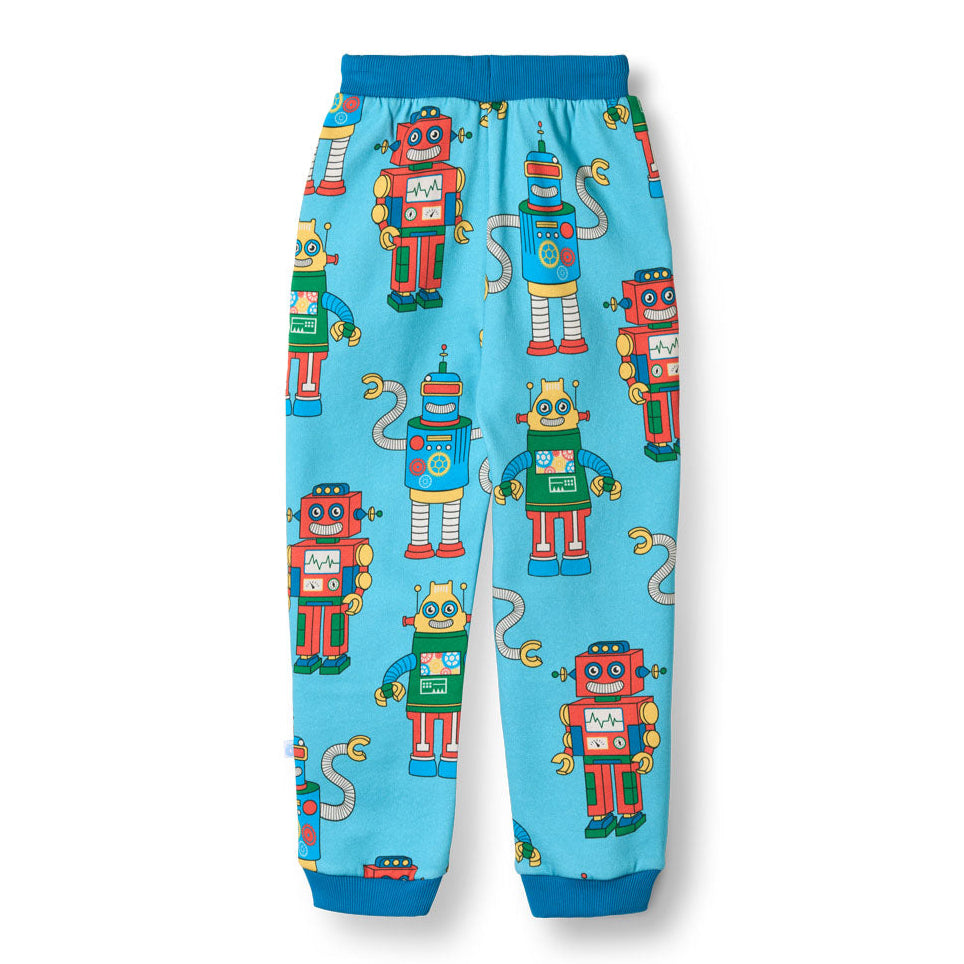 Småfolk Organic Boys' Sweatpants- Robots, Blue Atoll
