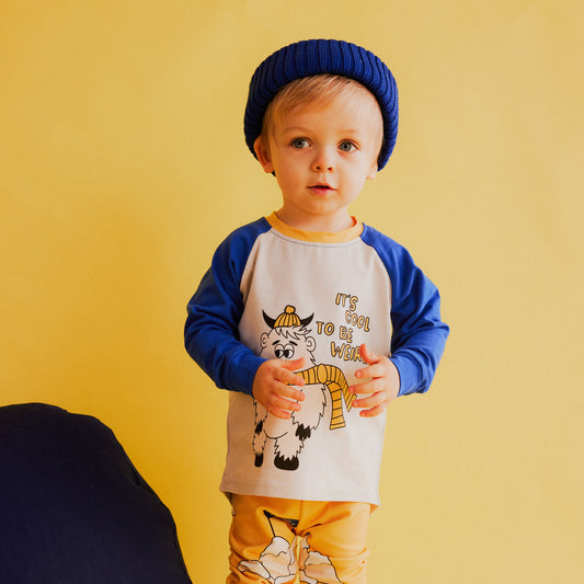 Boy wearing Dear Sophie organic Raglan long sleeved top- yeti