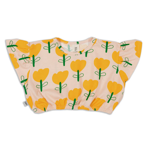 Don't Grow Up organic Don't Grow Up organic crop frill top- yellow flower