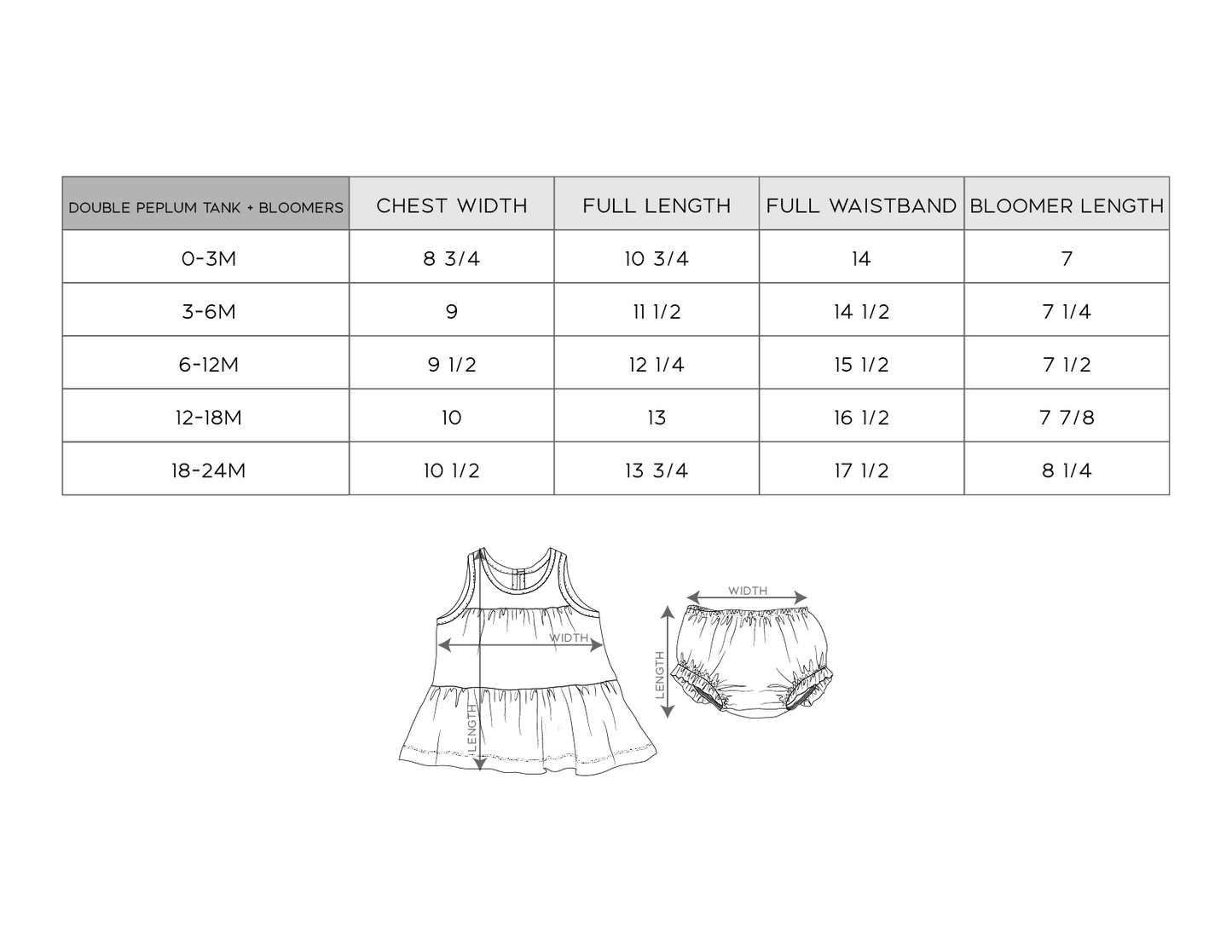 Size chart for double peplum tank and bloomers with measurements on a white background