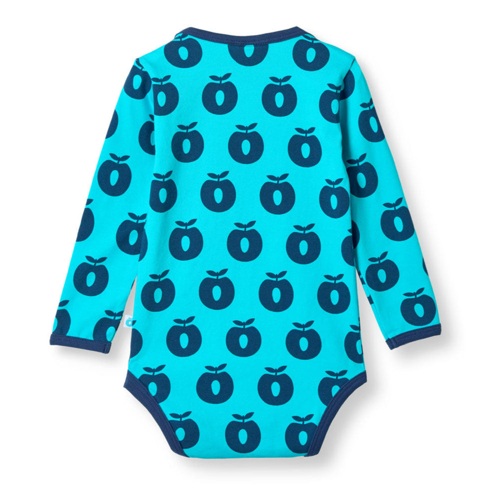 Småfolk Organic Short Sleeved Girls' Bodysuit- Apples, Blue Atoll