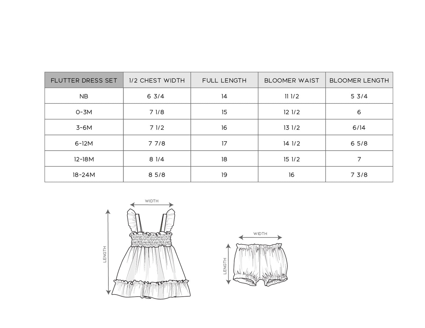 Measurement chart for a flutter dress set with sizes and dimensions.