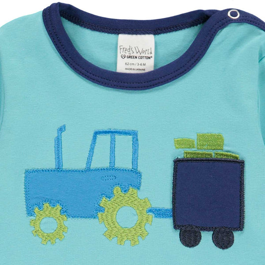 Fred's World organic Long sleeve top- tractor appliqué, closeup