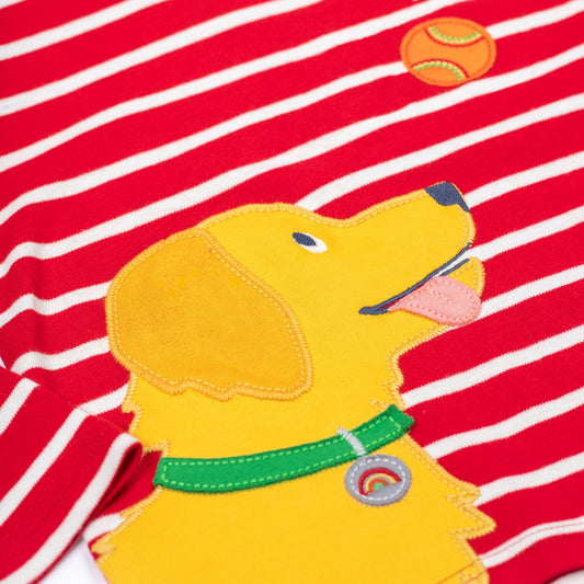 Frugi Organic Long Sleeved T-Shirt- Red Stripe/Dog Appliqué