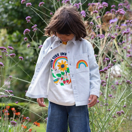 Boy wearing Frugi organic Raglan top- grow your own way