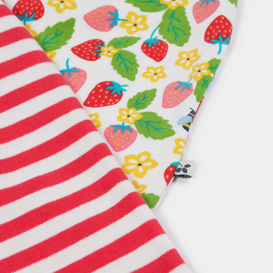 Frugi organic Top & pants set- strawberry field/stripe, closeup