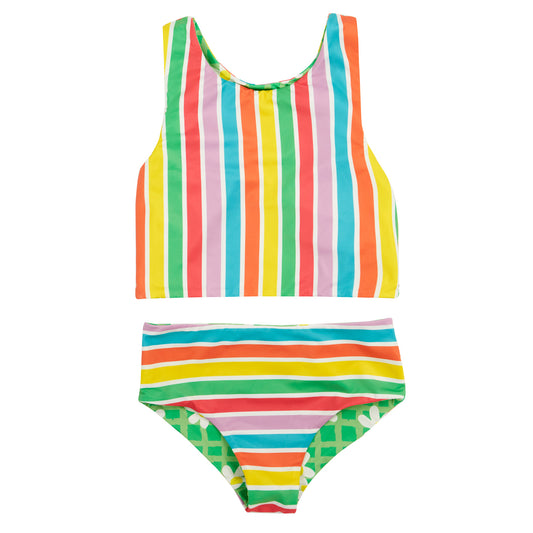 Frugi recycled polyester Reversible tankini- summer stripe/green daisy
