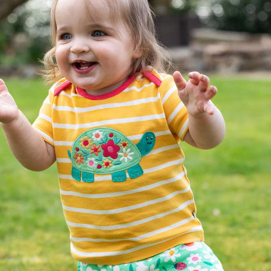 Baby wearing Frugi organic Short sleeved top- turtle appliqué