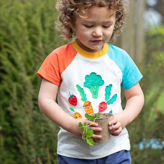 Boy wearing Frugi organic Raglan top- vegetable pals appliqué