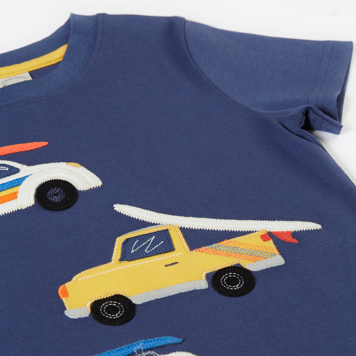 Boys Organic Cotton Vehicles Surfboard Appliqué Short Sleeve Tee - Navy | Frugi