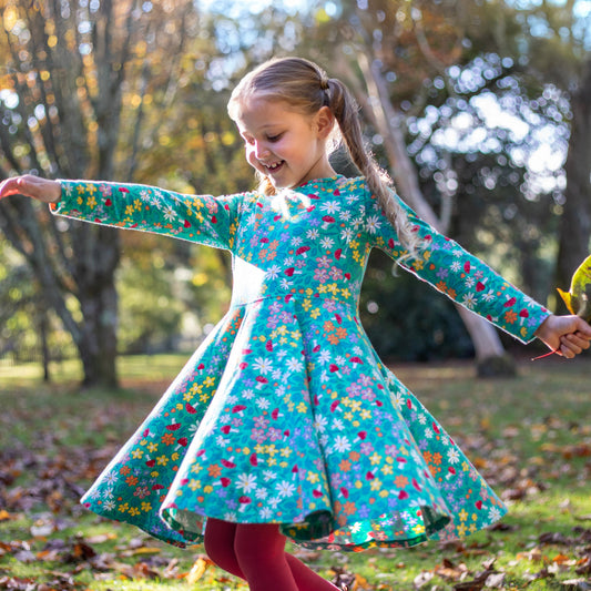 Frugi Organic Girls' Sofia Long-Sleeved Skater Dress- Wild Woods