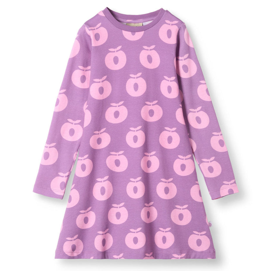 open lace back dress Småfolk Organic Long Sleeved Girls' Dress- Apples, Purple Iris 4-5Y