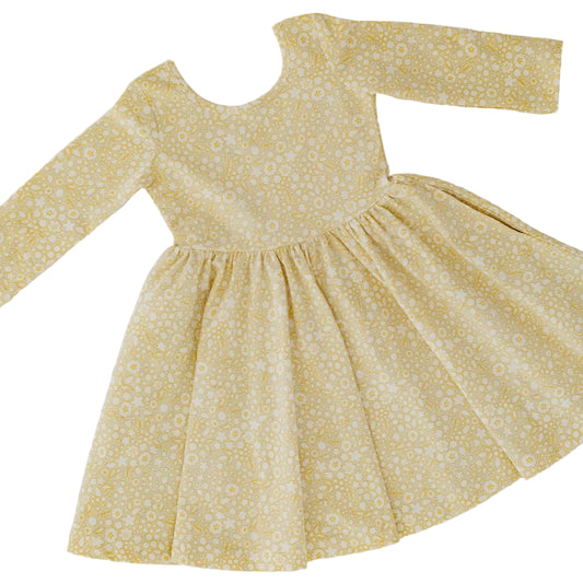 Girls Organic Cotton 3/4 Sleeve Twirl Dress - Buttercup Yellow | Good Apples Kids