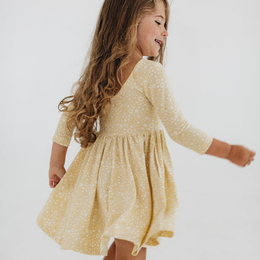 Girls Organic Cotton 3/4 Sleeve Twirl Dress - Buttercup Yellow | Good Apples Kids
