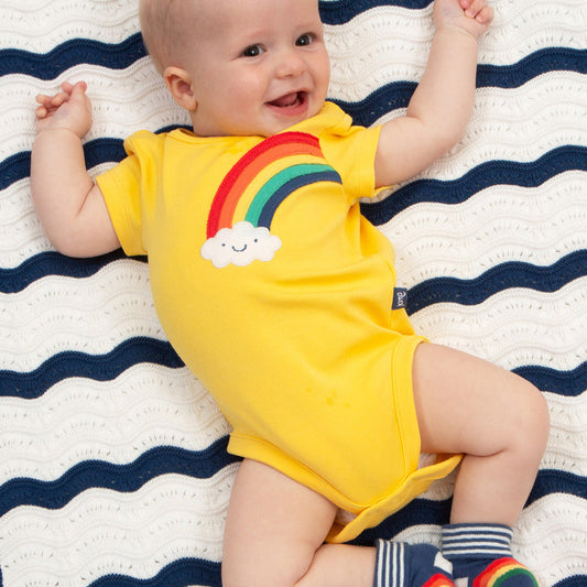 Baby wearing Kite organic Bodysuit- happy rainbow