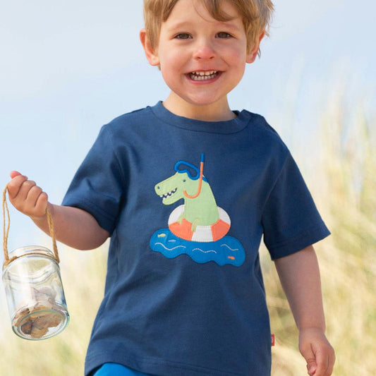 Organic Cotton Swimming Dino Appliqué Short Sleeve Kids T-Shirt | Kite Clothing