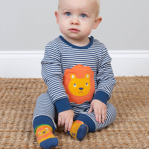 Baby wearing Kite organic Lionheart socks