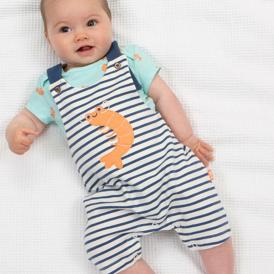 Baby wearing Kite Clothing Organic Short overalls- little shrimp appliqué