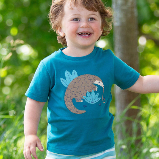 Child wearing a blue t-shirt with a pangolin applique, standing outdoors in a green setting.