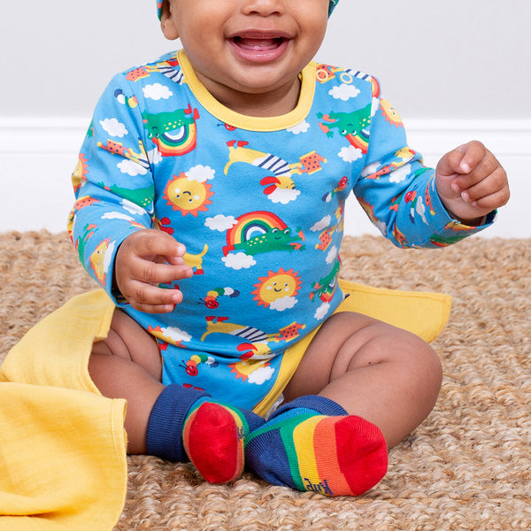Baby wearing Kite organic Rainbow dot socks