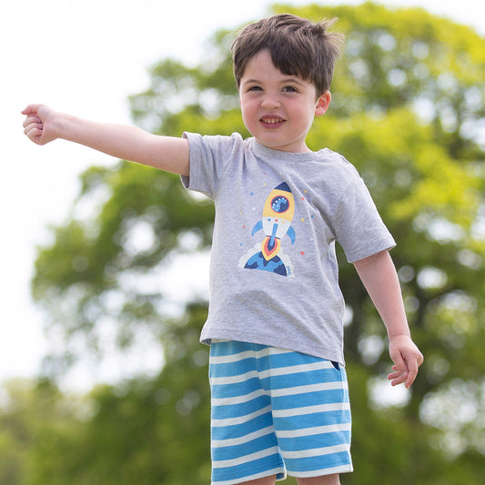Boy wearing Kite organic Space dinosaur t-shirt